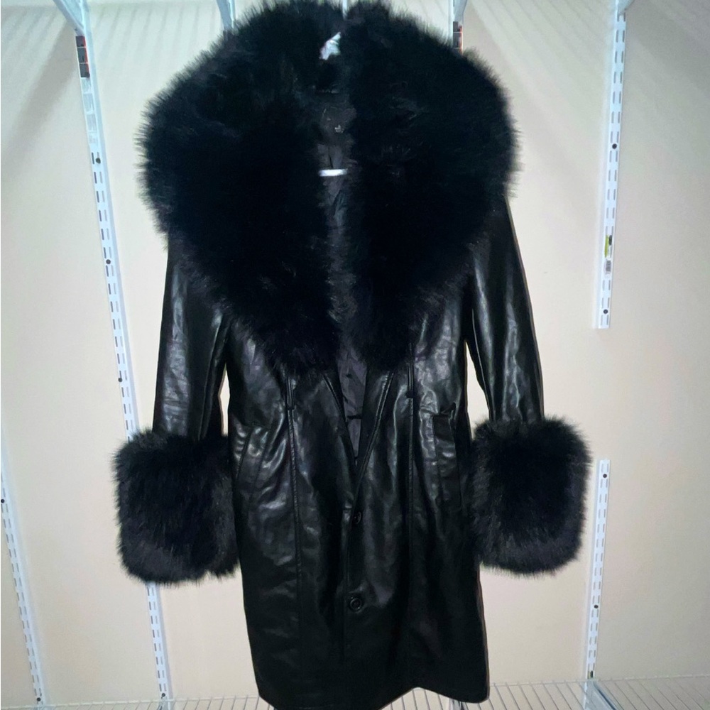 Black faux fur collar leather jacket worn once, comes with belt